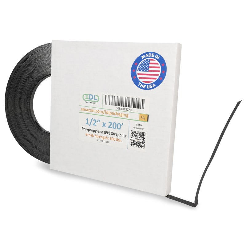 IDL Packaging 1/2" x 200' Polypropylene (PP) Strapping Coil (600 lbs Break Strength) in Ð¡ardboard Self-Dispenced Box - Lightweight and Affordable Poly Banding - Elastic and Flexible Packaging - Image 1